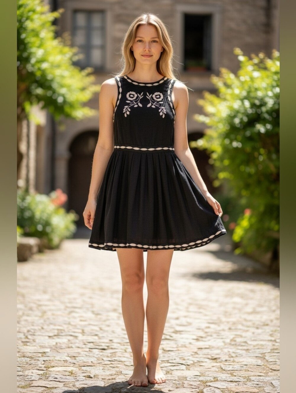 Free People Black Mini Dress with White Floral Embroidery